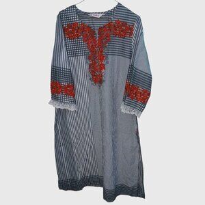 BIBA Women's Size 42 Indian Kurta Tunic Dress Gary White Red Floral 3/4 Sleeve